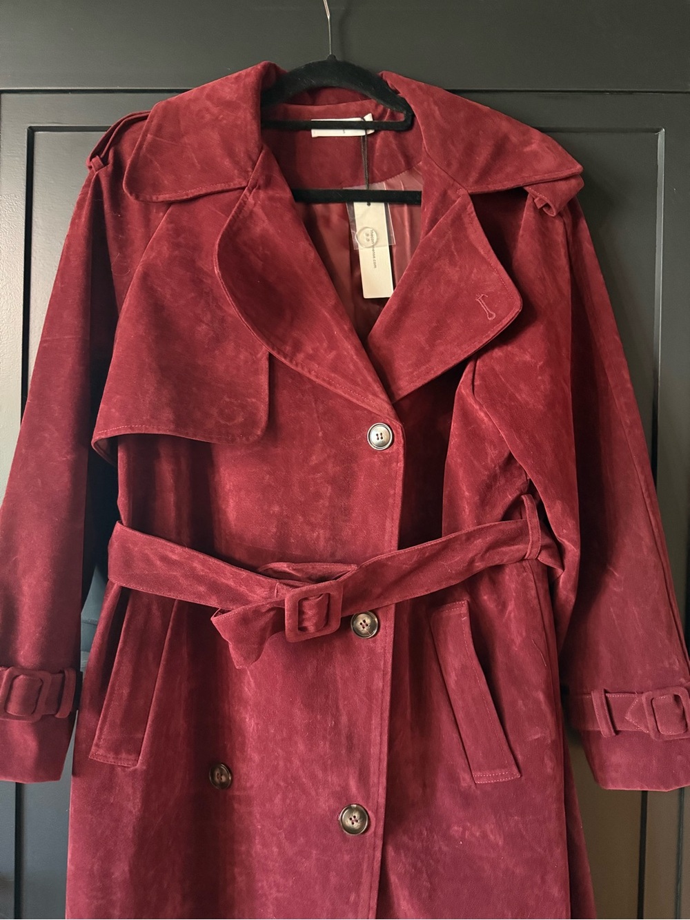 Women's Commense crushed faux suede cranberry  Trench Coat with Belt. Sz Sm NWT